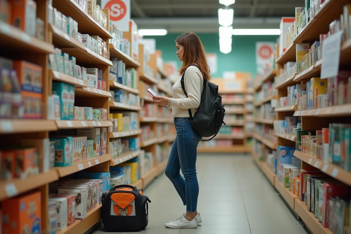 Femme lisant l'étiquette d'un produit contraceptif pour chat dans le rayon animalerie d'un magasin