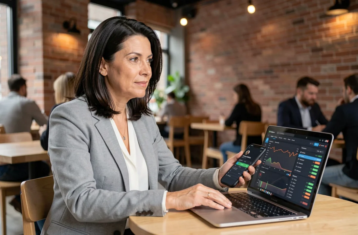 Femme achetant des cryptomonnaies sur une plateforme d'échange depuis un café urbain avec son ordinateur portable