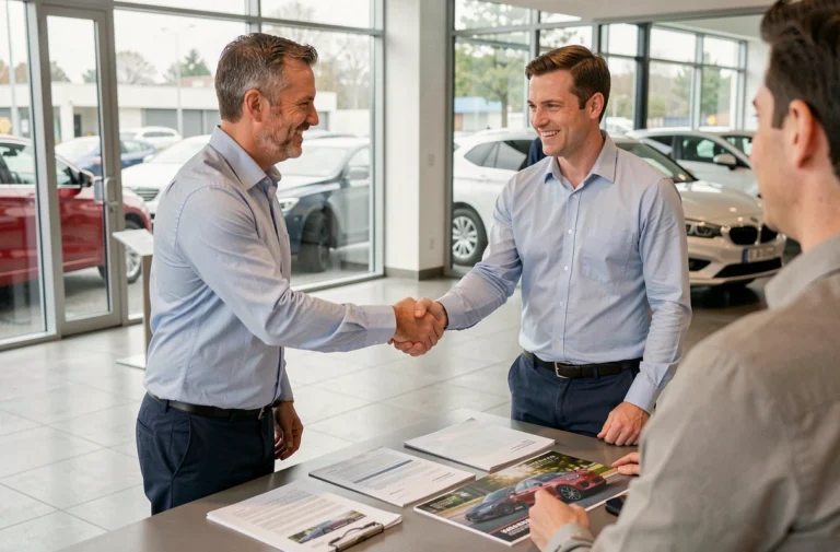 Homme signant un accord d'achat de voiture avec un vendeur dans une concession automobile moderne