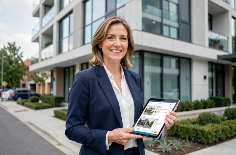 Agent immobilière professionnelle tenant une tablette avec des annonces devant un immeuble moderne en 2024