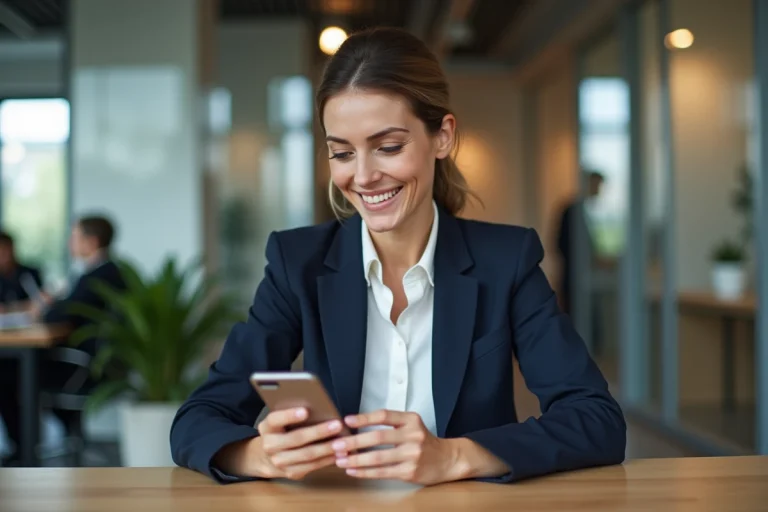 Agente immobilière utilisant l'application PlayIAD sur son smartphone dans une agence moderne
