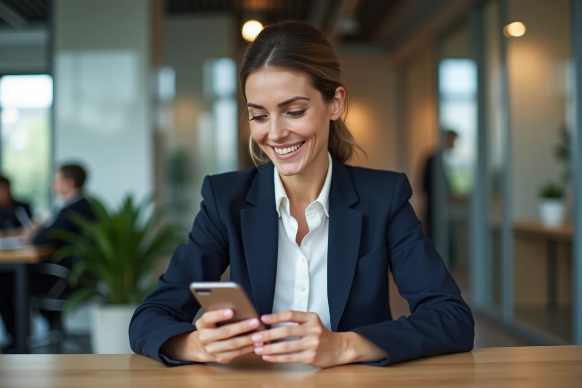 Agente immobilière utilisant l'application PlayIAD sur son smartphone dans une agence moderne