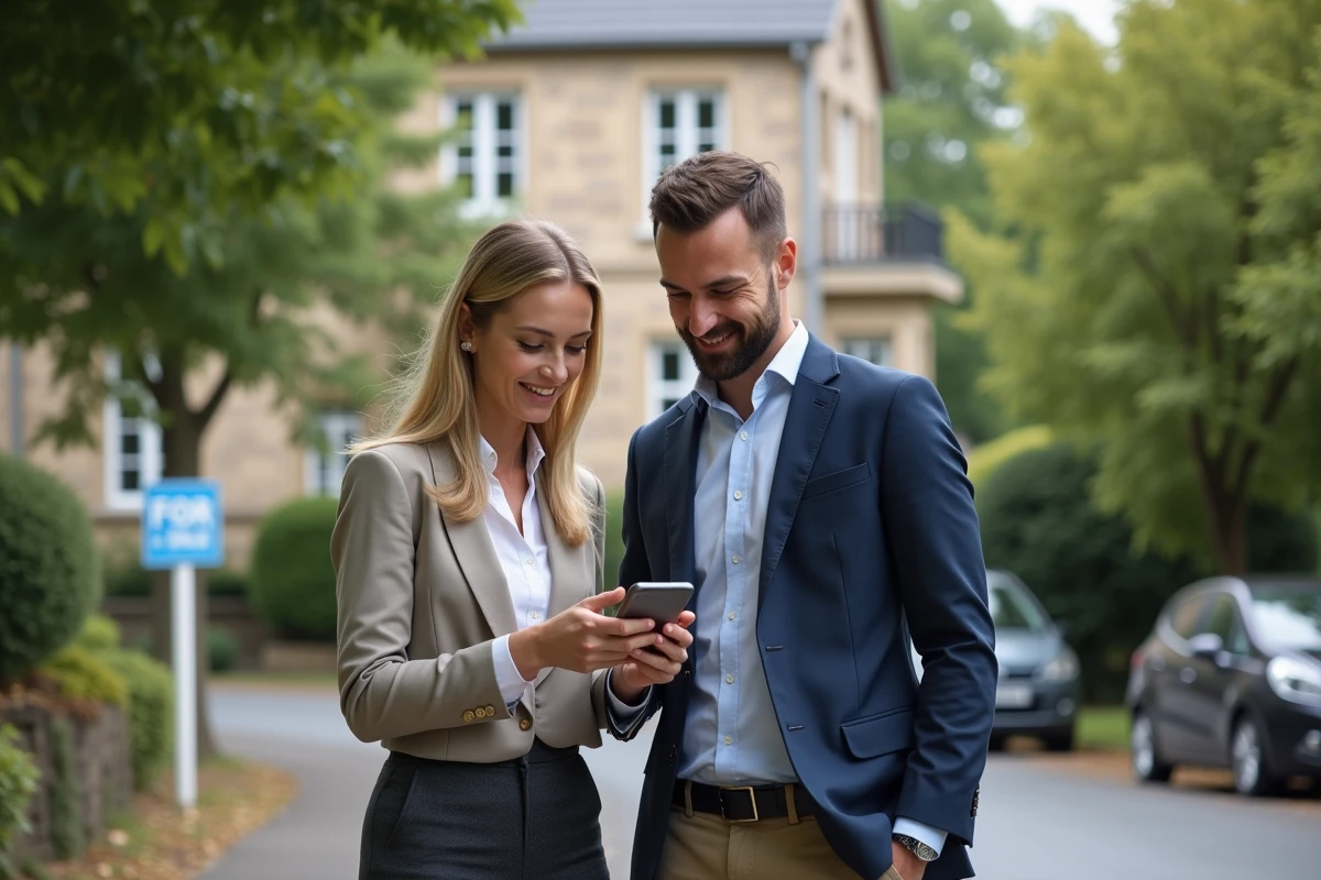 Deux agents IAD France consultant l'application PlayIAD ensemble devant une maison à vendre