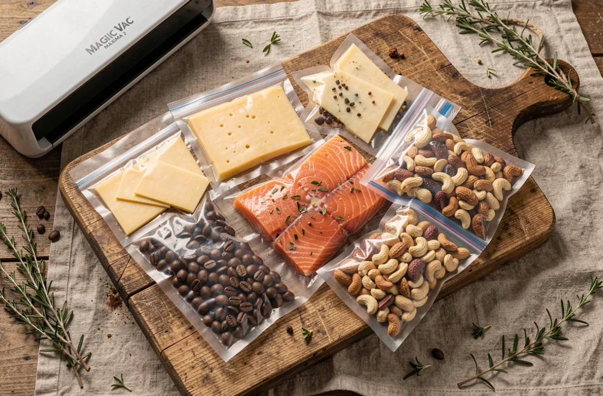 Assortiment d'aliments emballés sous vide avec la Magic Vac Maxima 2 sur une planche en bois rustique