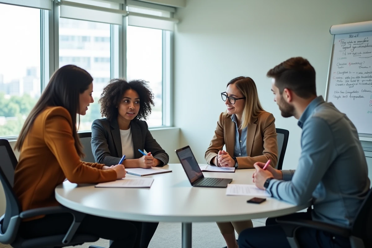 Groupe de professionnels adultes participant à un atelier de formation en présentiel dans une salle moderne