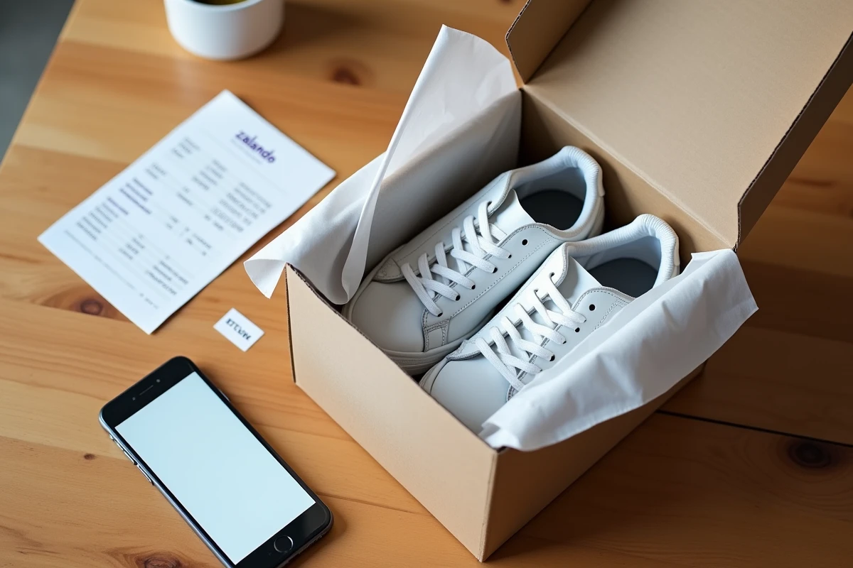 Vue aérienne d'un colis Zalando ouvert avec bon de livraison et smartphone affichant le suivi de commande