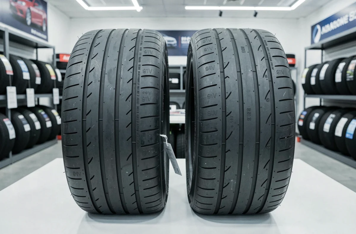 Comparaison côte à côte de deux pneus avec indices de vitesse 91V et 94V dans un magasin de pneus