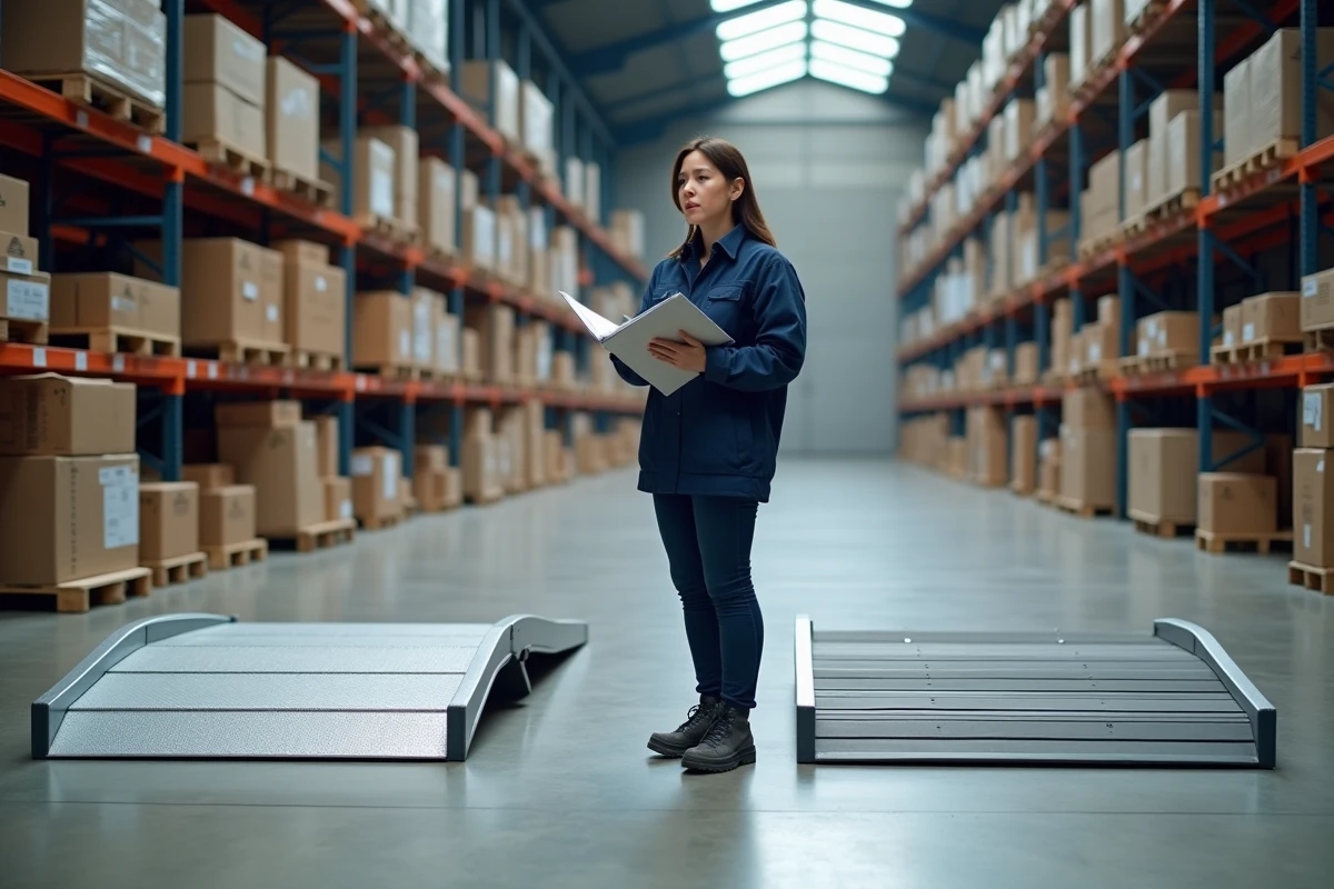 Responsable logistique comparant deux rampes de chargement différentes dans un entrepôt