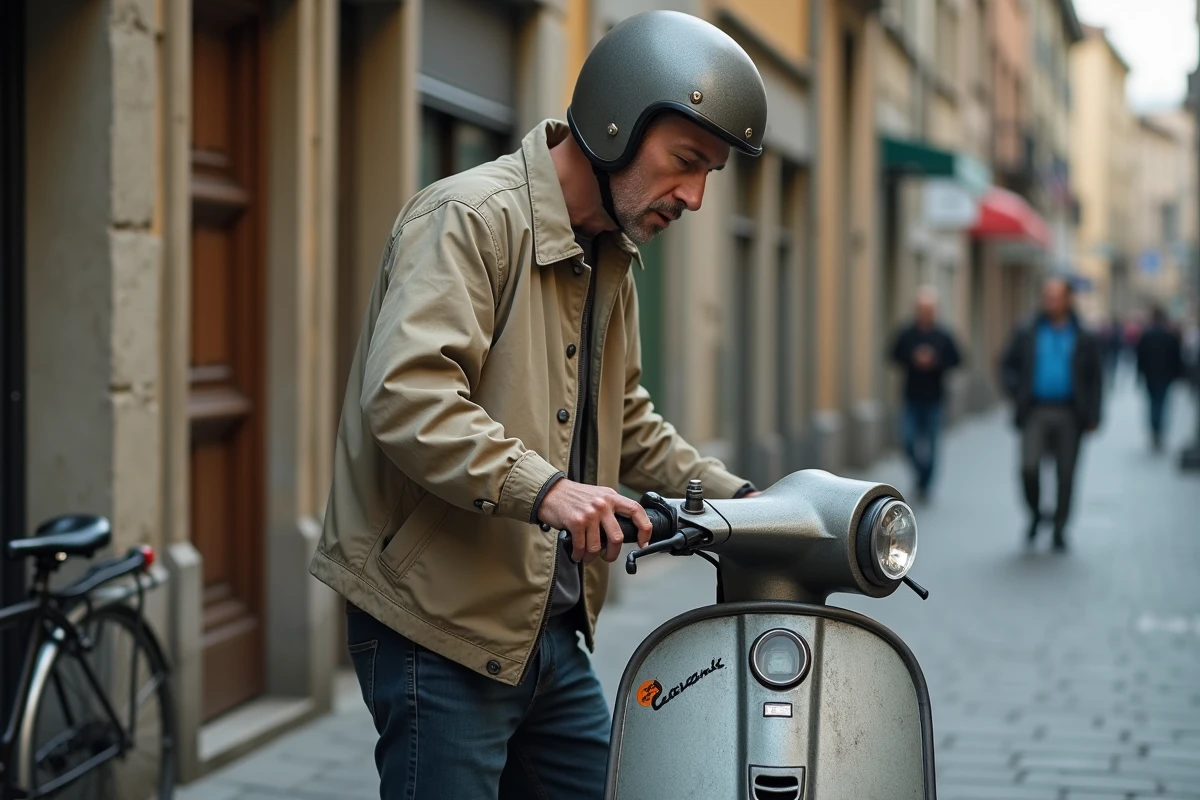 Conducteur de scooter 125 consultant le compteur kilométrique en milieu urbain