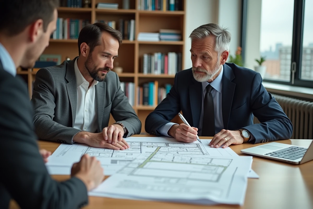 Géomètre expert et promoteur immobilier analysant des plans cadastraux lors d'une consultation de sécurisation de projet immobilier