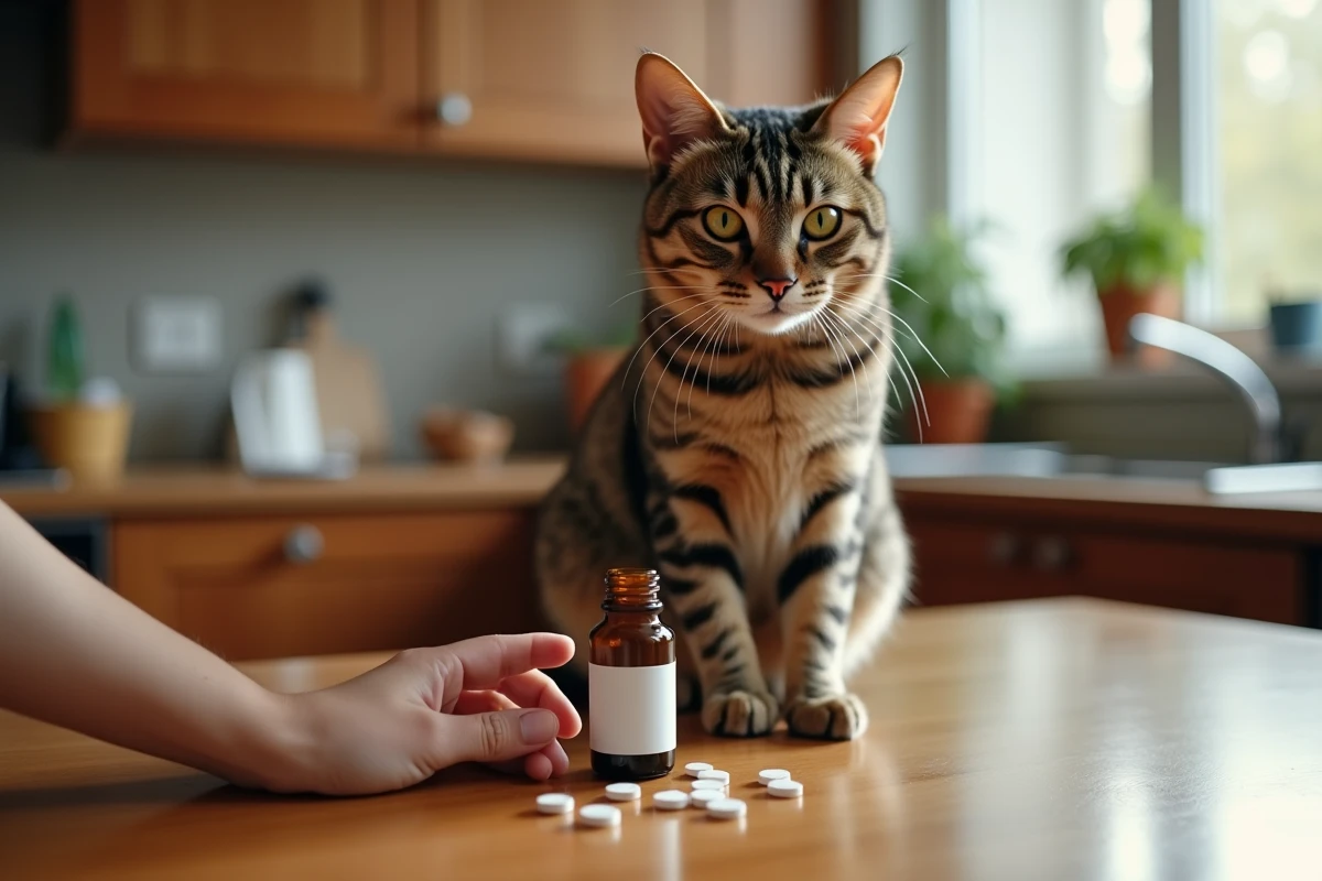 Chat femelle assis près d'un flacon de contraceptif vétérinaire posé sur un comptoir de cuisine