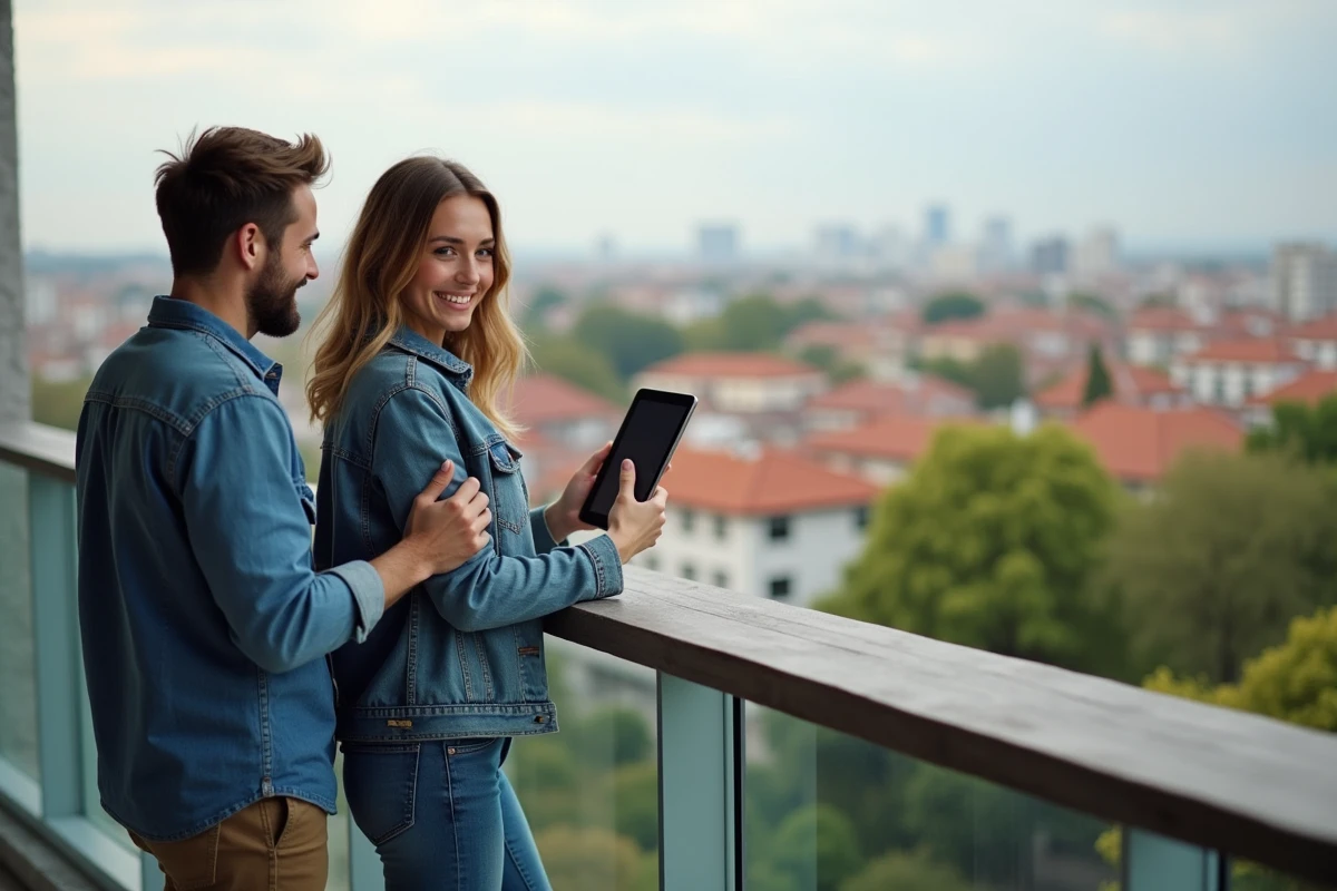 Jeune couple sur le balcon d un appartement en ville