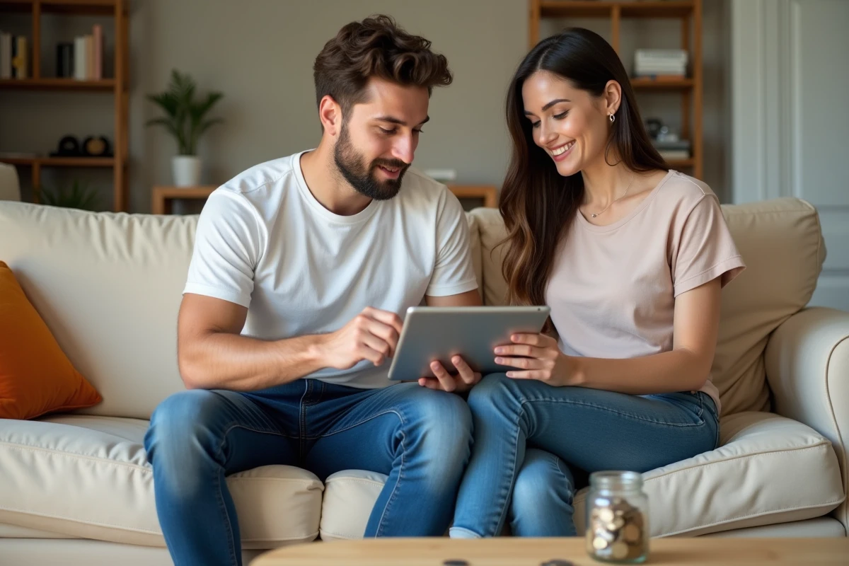Couple gérant leurs finances personnelles ensemble sur une tablette dans leur salon avec des économies en espèces