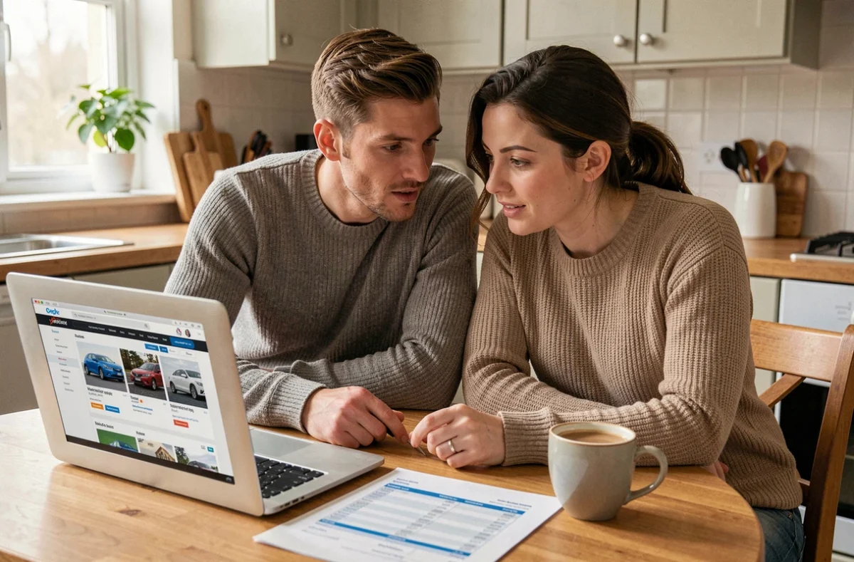 Couple planifiant l'achat d'une voiture à la maison avec un ordinateur portable et des documents financiers