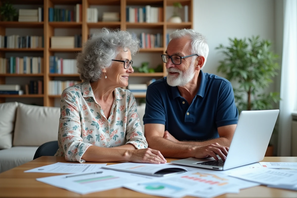 Couple de retraités consultant des ressources et brochures sur la retraite ensemble devant un ordinateur portable dans un salon moderne