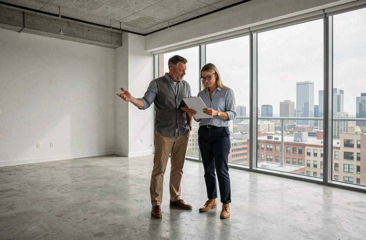 Couple visitant un appartement contemporain vide avec vue sur la ville lors d'une visite immobilière
