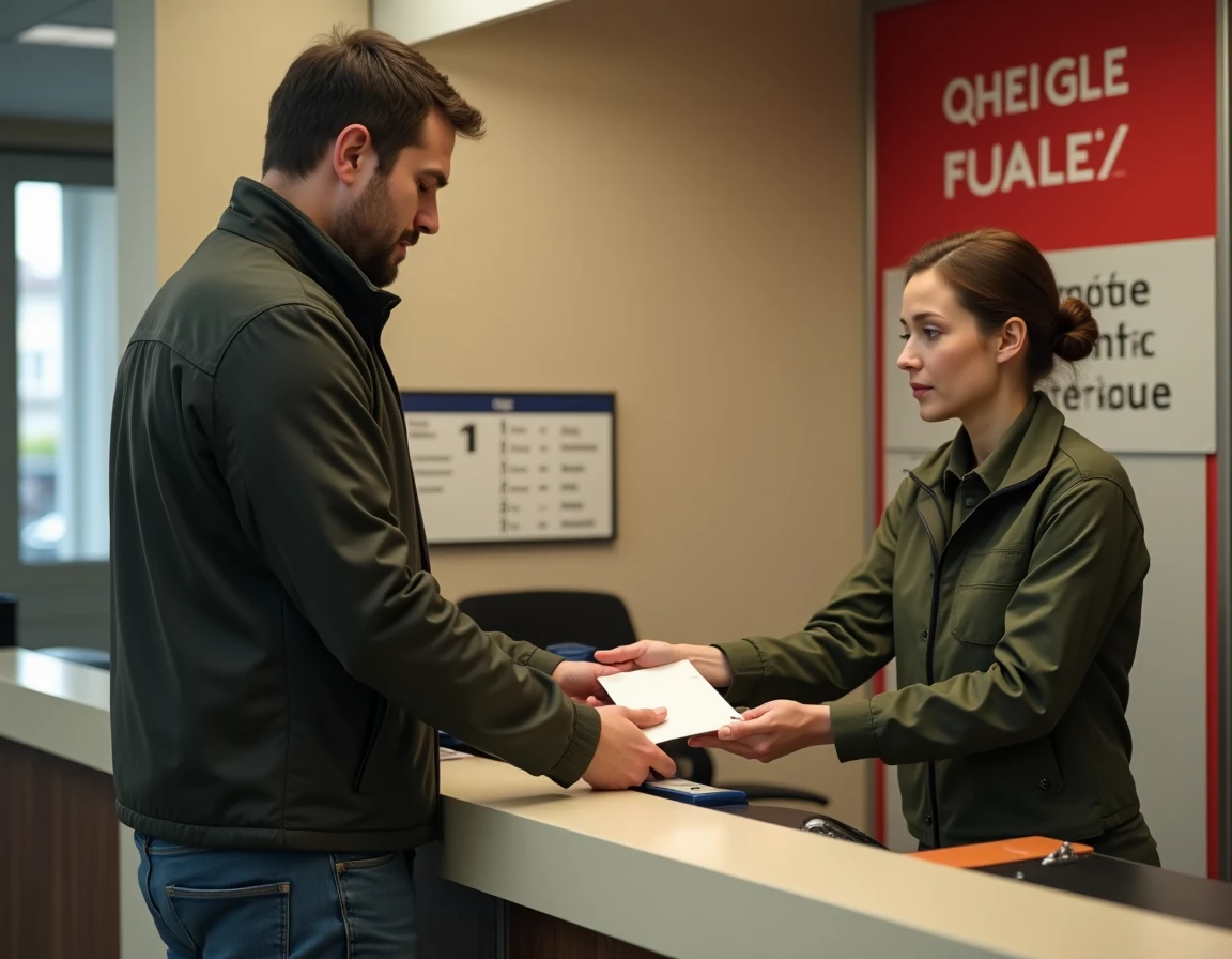 Homme déposant un courrier administratif lié à une procédure d'hébergement dans un bureau de poste
