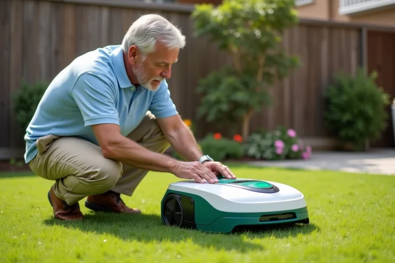Homme déverrouillant un robot tondeuse Parkside dans un jardin résidentiel en appuyant sur le panneau de commande