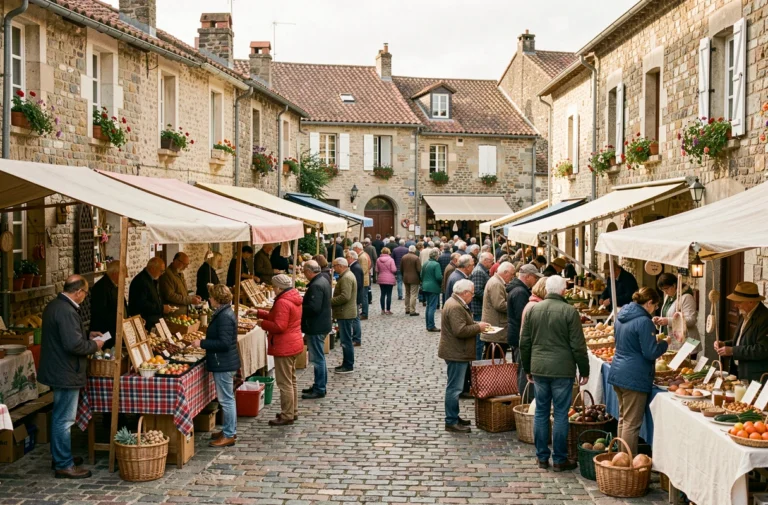 Marché et événement communautaire animé sur la place centrale de Valbreon avec habitants et stands de produits locaux