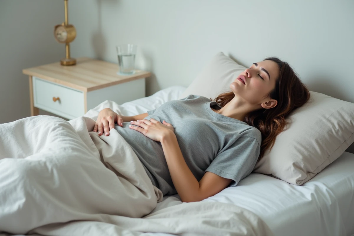Femme allongée sur un lit les mains sur le ventre gonflé exprimant une douleur abdominale et des ballonnements