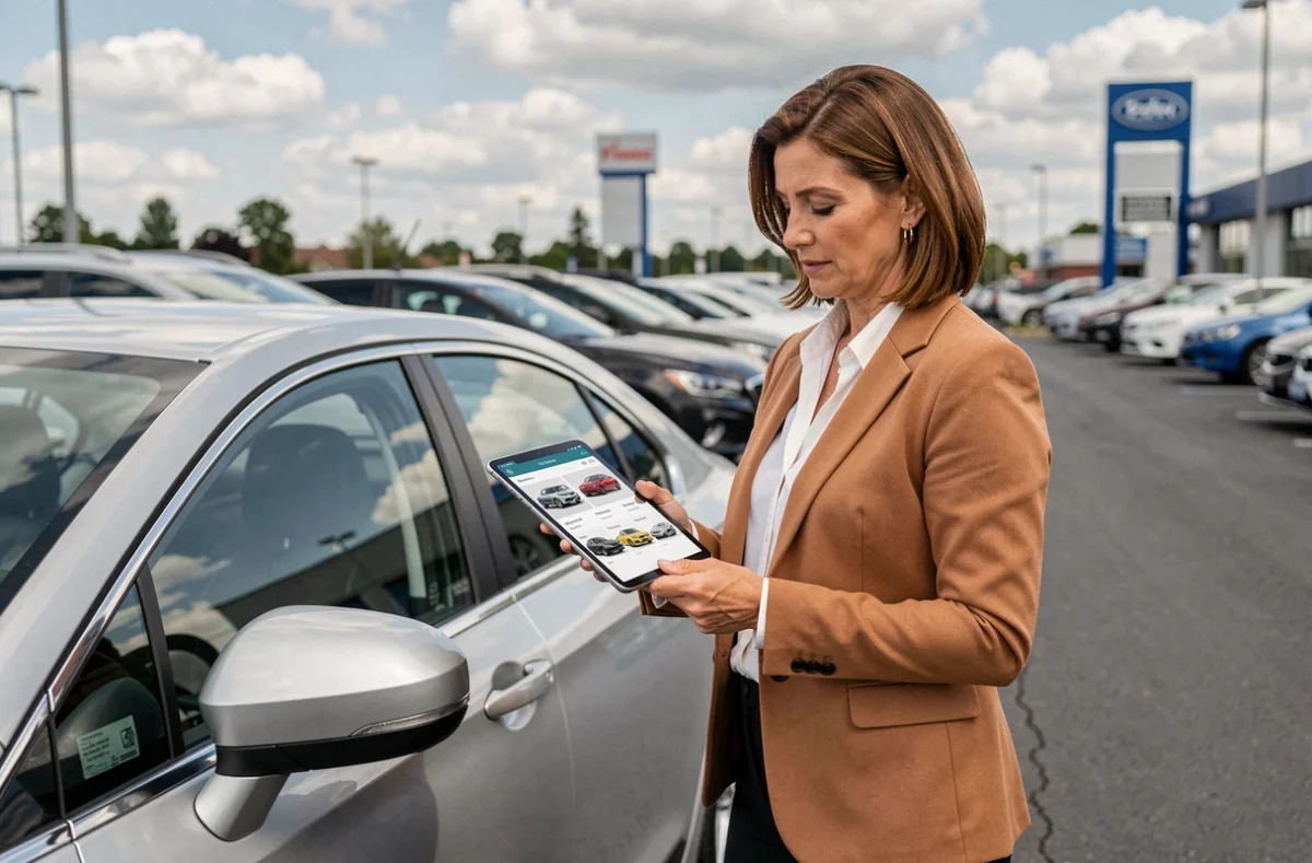 Femme comparant des offres de voitures sur une tablette dans un parking de concession automobile