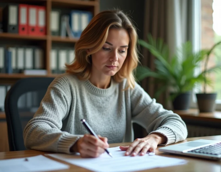 Femme consultant des documents administratifs pour une procédure d'hébergement gratuit à domicile