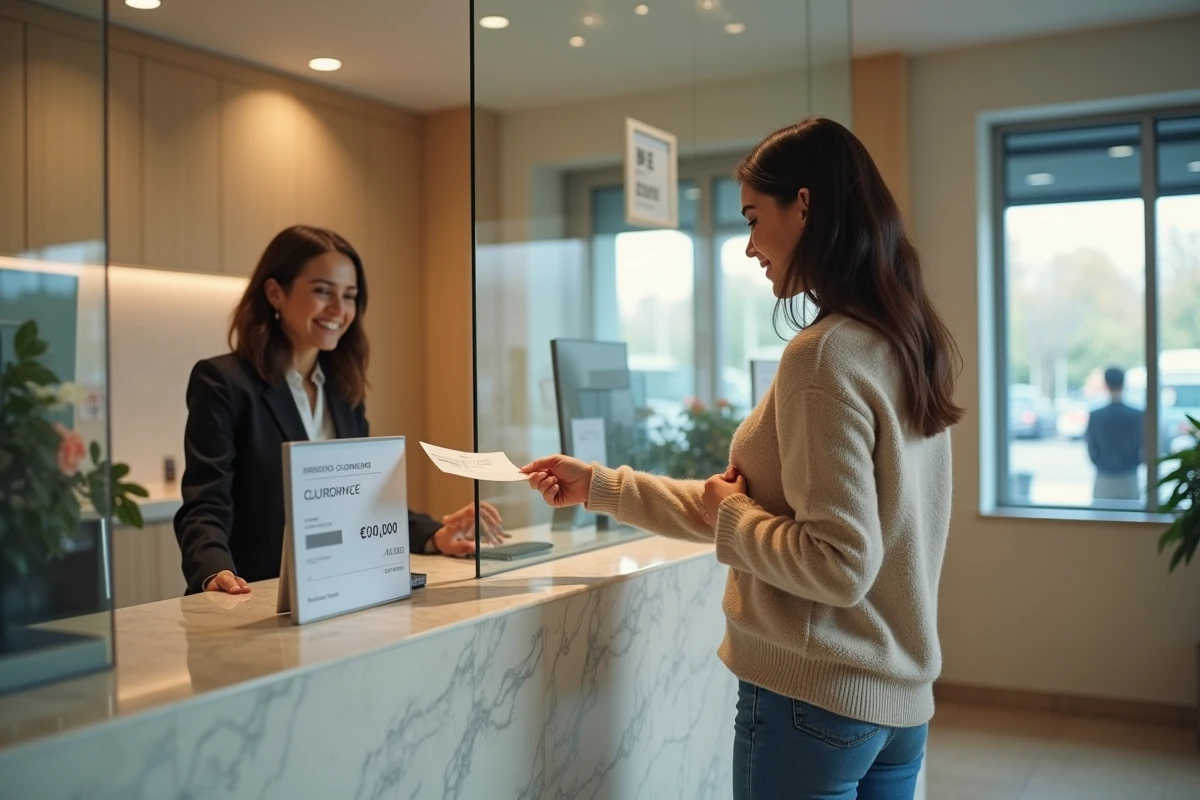 Femme déposant un chèque de 10 000 euros au guichet bancaire