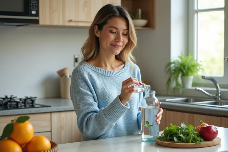 Femme versant de l'eau dans une gourde en cuisine naturelle