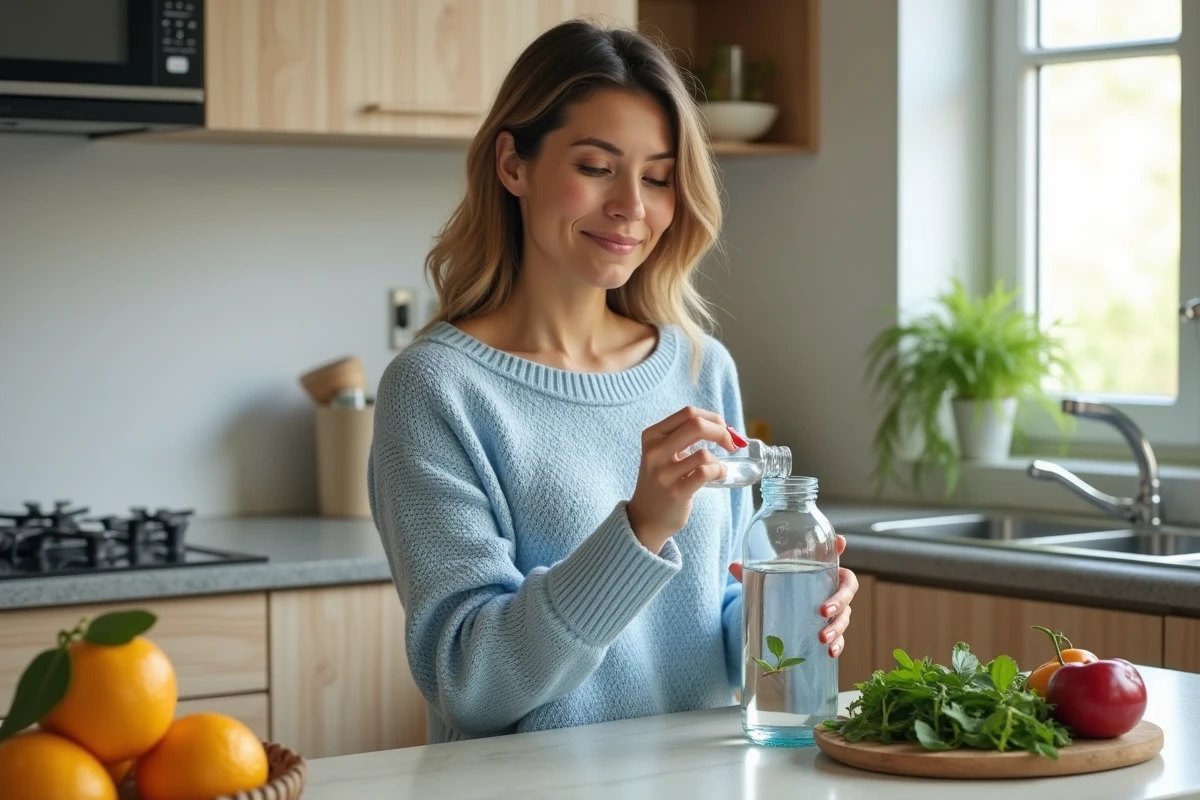 Femme versant de l'eau dans une gourde en cuisine naturelle