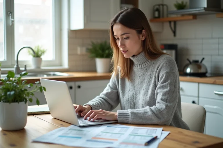 Femme en train de gérer son budget sur un ordinateur portable avec des relevés bancaires sur une table en bois