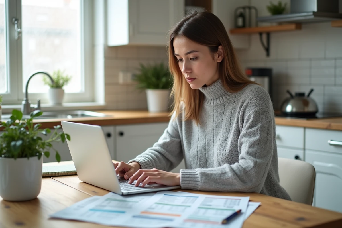 Femme en train de gérer son budget sur un ordinateur portable avec des relevés bancaires sur une table en bois