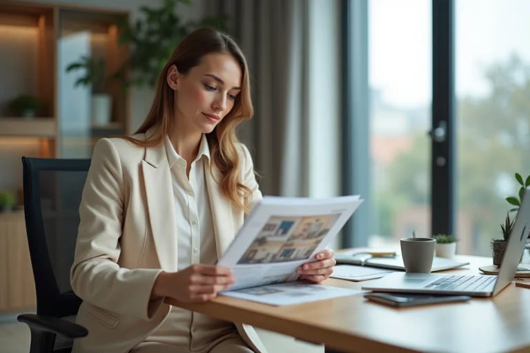 Femme élégante en blazer beige dans une agence immobiliere