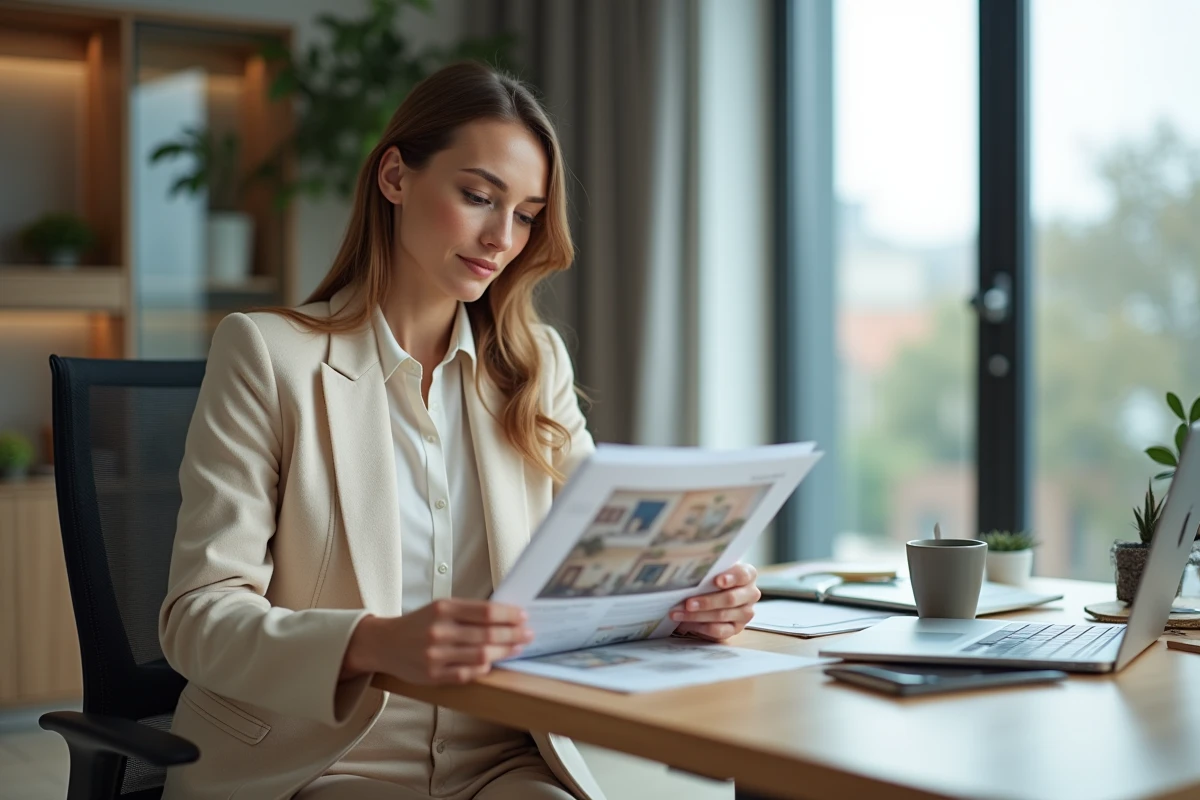 Femme élégante en blazer beige dans une agence immobiliere