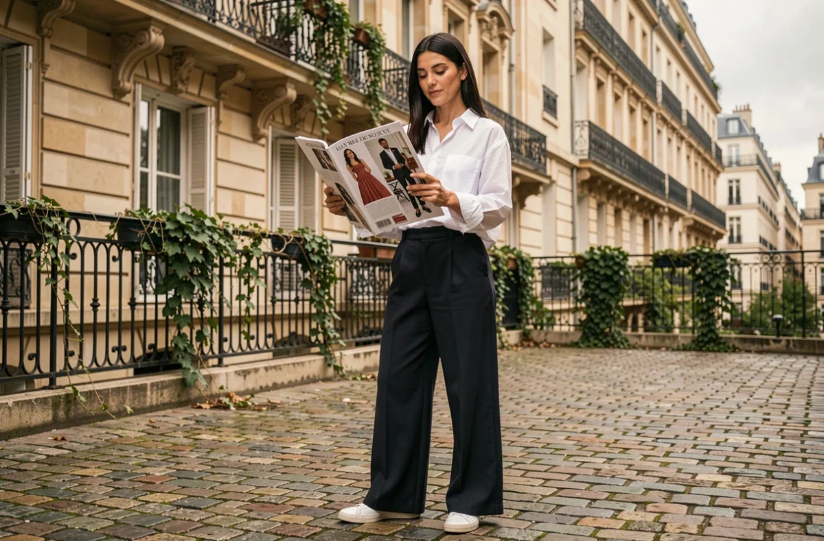 Femme tenant un magazine lifestyle dans une rue parisienne avec façades haussmanniennes et pavés en arrière-plan