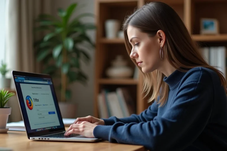 Femme utilisant Firefox avec un antivirus actif sur son ordinateur portable dans un bureau à domicile