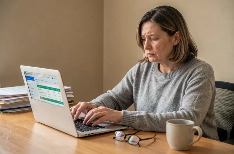Femme consultant son espace bancaire en ligne sur un ordinateur portable pour suivre un virement La Banque Postale en retard