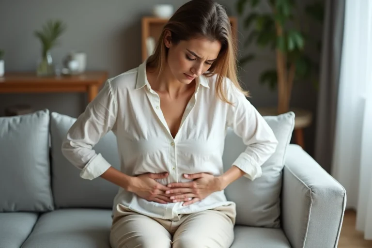 Femme assise tenant son ventre gonflé et douloureux dans un salon moderne, expression de gêne abdominale
