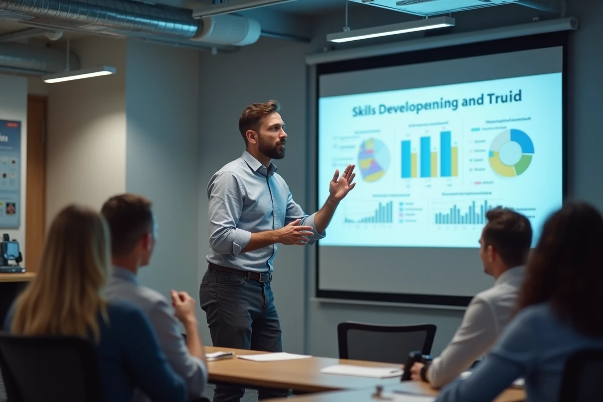 Formateur présentant les nouvelles tendances de la formation professionnelle devant un groupe en salle