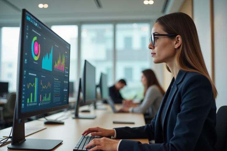 Femme professionnelle suivant une formation en ligne sur ordinateur dans un centre de formation moderne