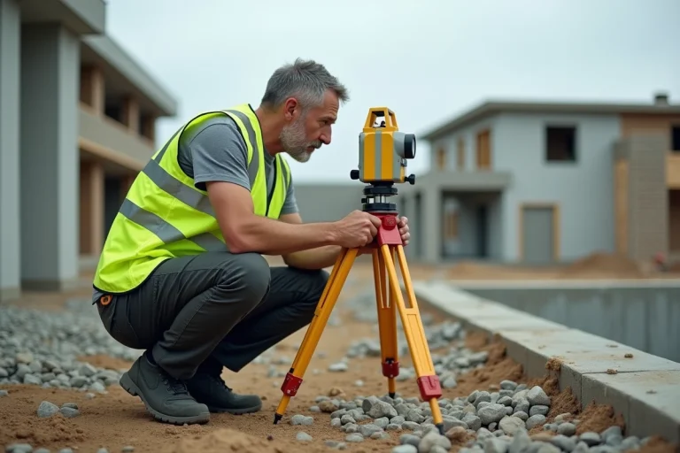 Géomètre expert utilisant un théodolite sur un chantier de construction résidentiel pour des relevés de terrain précis