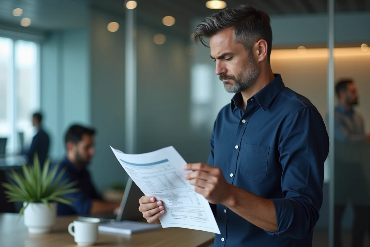 Homme analysant un rapport financier dans un bureau moderne avec une atmosphère professionnelle