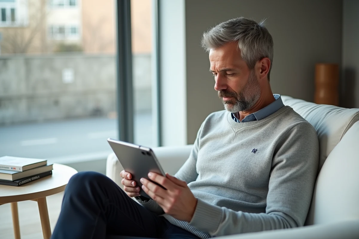 Homme consultant des annonces immobilières sur une tablette via l'application IAD France dans un salon moderne