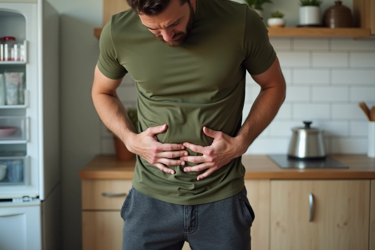 Homme debout dans une cuisine tenant son ventre avec une expression de douleur et de ballonnement abdominal