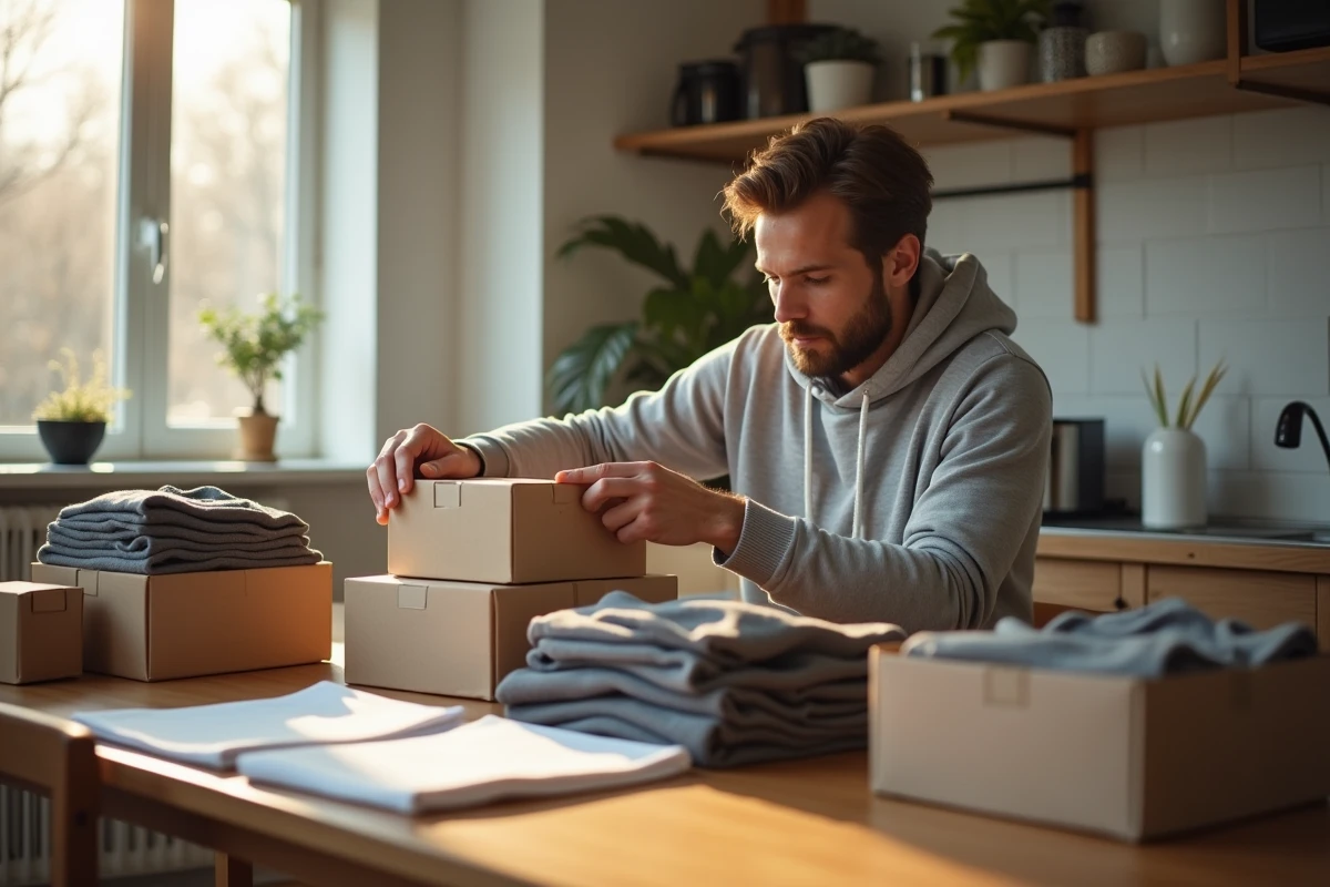 Homme préparant des colis de vêtements d