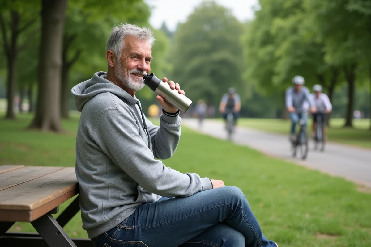 Homme buvant dans une gourde en plein air au parc