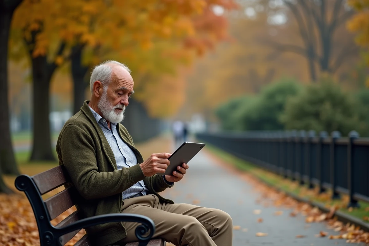 Homme retraité en cardigan vert consultant un site d'actualités retraite sur une tablette dans un parc en automne
