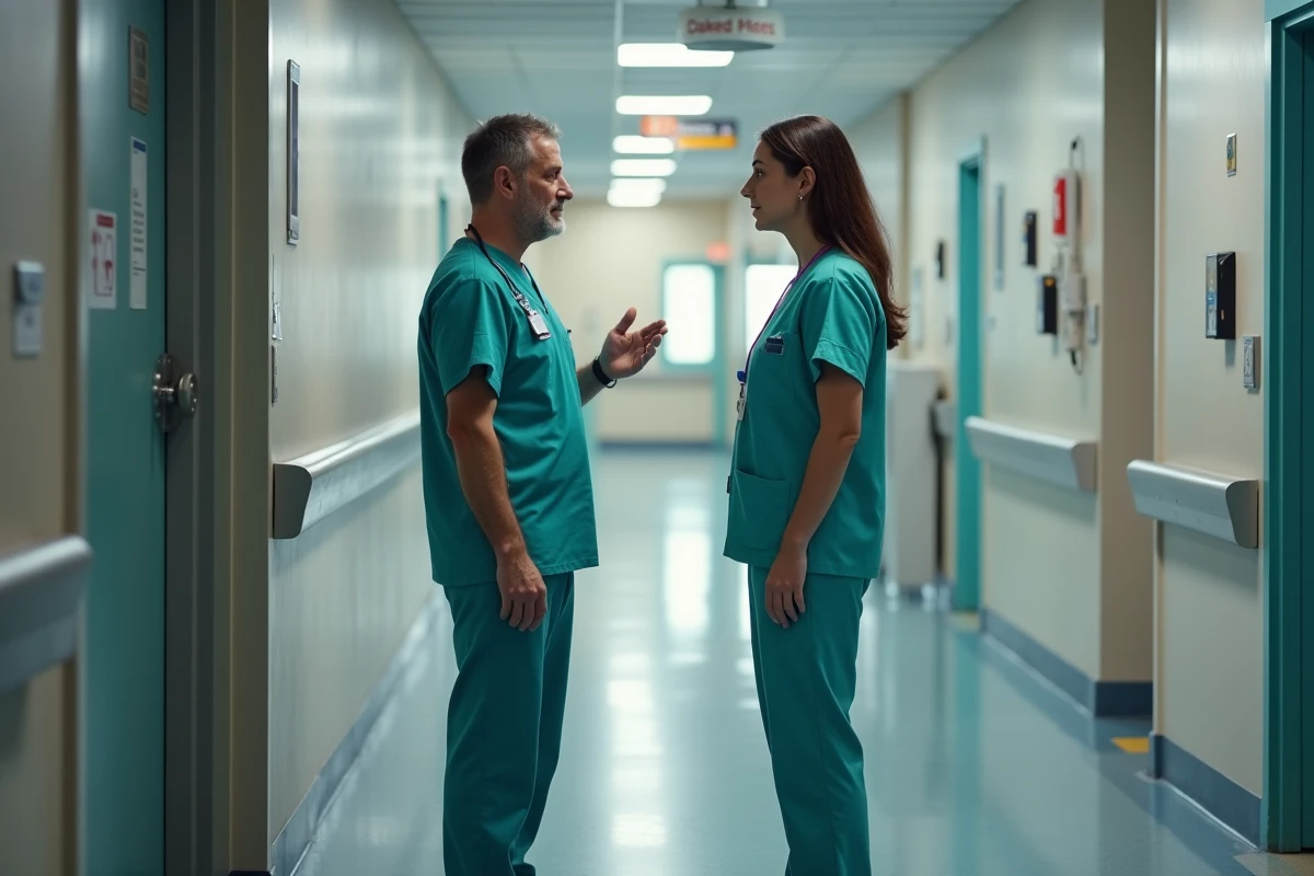 Infirmier en couloir hospitalier adoptant une posture d'écoute active avec un proche de patient, selon les principes relationnels de Peplau