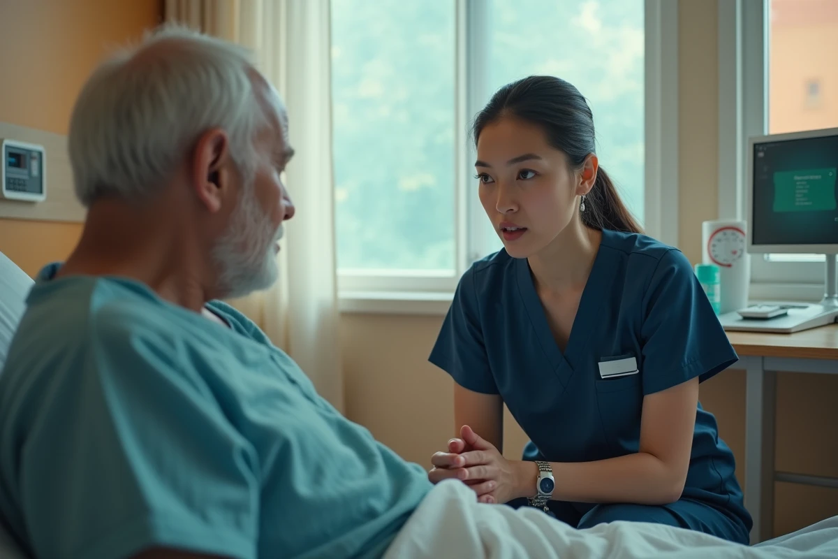 Infirmière en scrubs bleus en conversation empathique avec un patient âgé dans une chambre d'hôpital, illustrant la relation thérapeutique selon Peplau