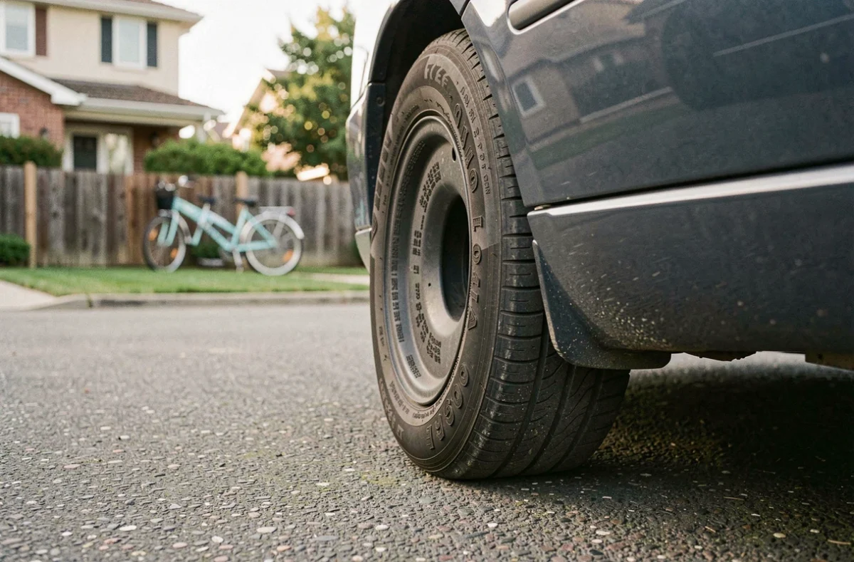 Propriétaire de voiture inspectant l'indice de vitesse inscrit sur le flanc d'un pneu dans une allée résidentielle