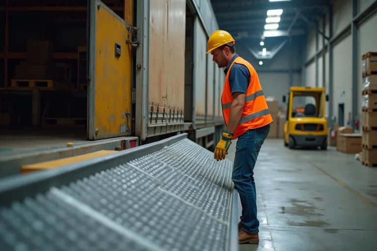 Ouvrier inspectant une rampe de chargement en aluminium entre un camion et un quai industriel